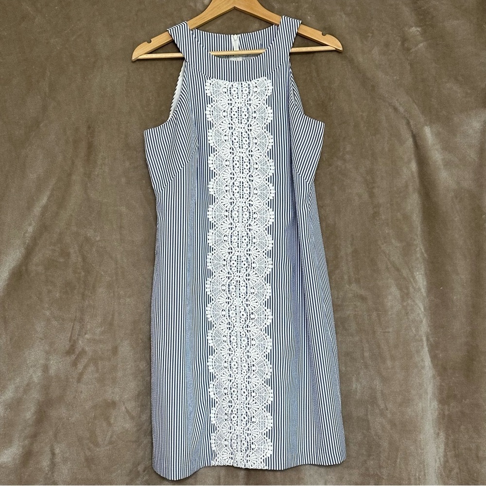 London Times Seersucker Racerback Sundress Blue White Stripes Crochet Size 10